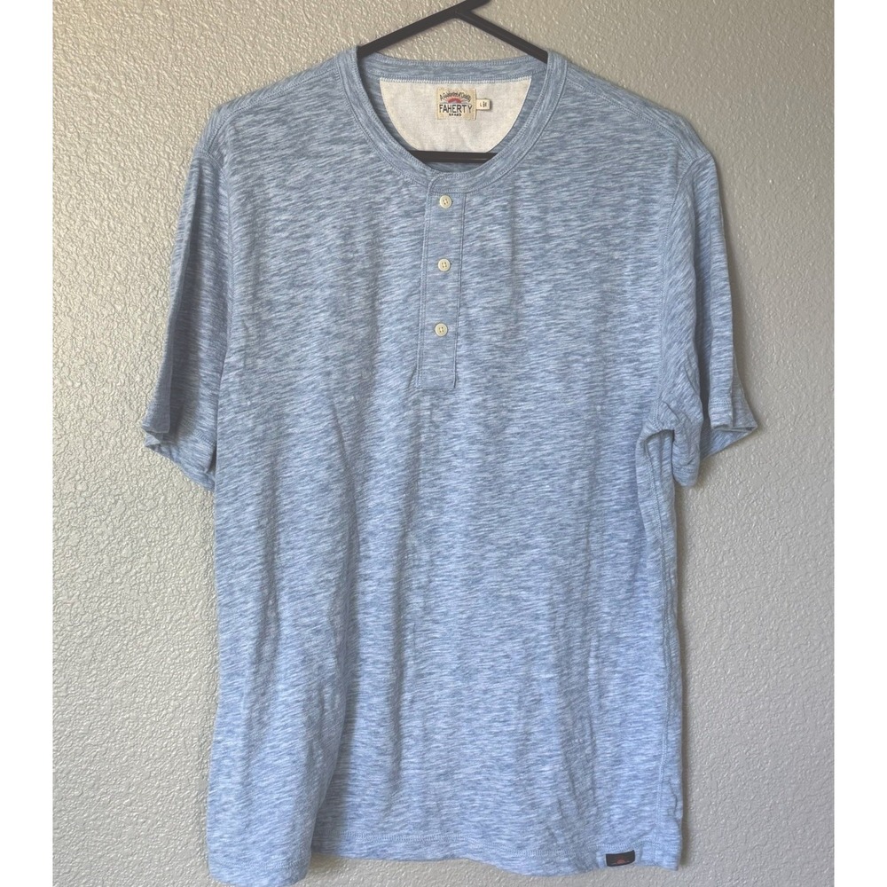 Faherty Mens L Blue Heather Short Sleeve Breeze Henley Cotton Blend Tee Casual